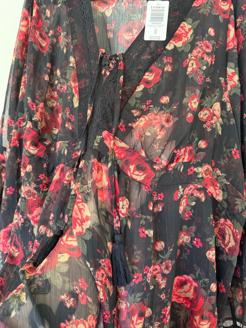 NWT Torrid Black Floral Lace-Trim Peasant Tunic - Picture 5 of 7